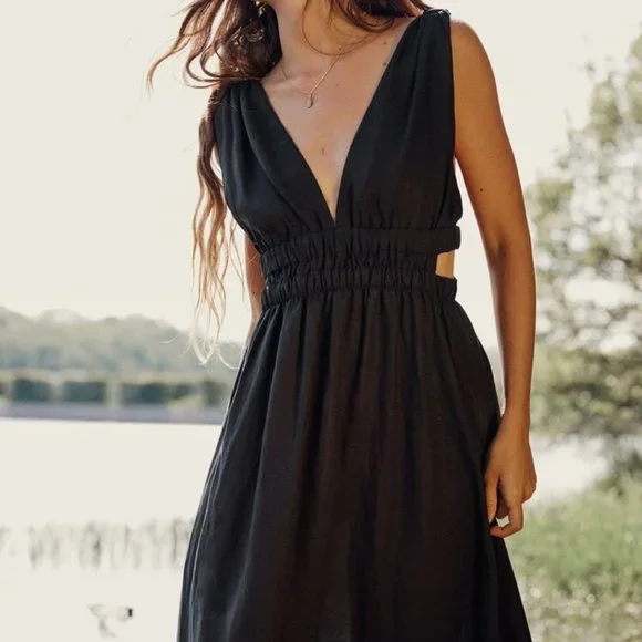 Zara Dresses Nwt Zara Cut Out Linen Blend Midi Dress Black Ref